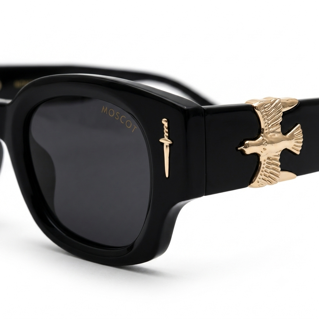 Midnight Onyx Rectangle Sunglasses – Luxury Black Acetate Eyewear with Gold Dagger & Soaring Bird Accents
