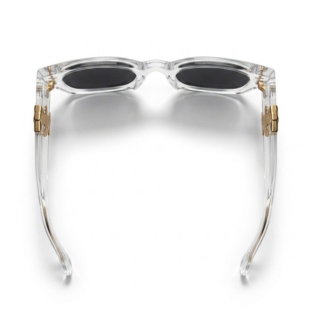 The Vanguard Dagger & Sovereign Bird Crystal Acetate Square Sunglasses – Premium Clear Frame Eyewear with Gold Ornaments and Dark Tinted Lenses
