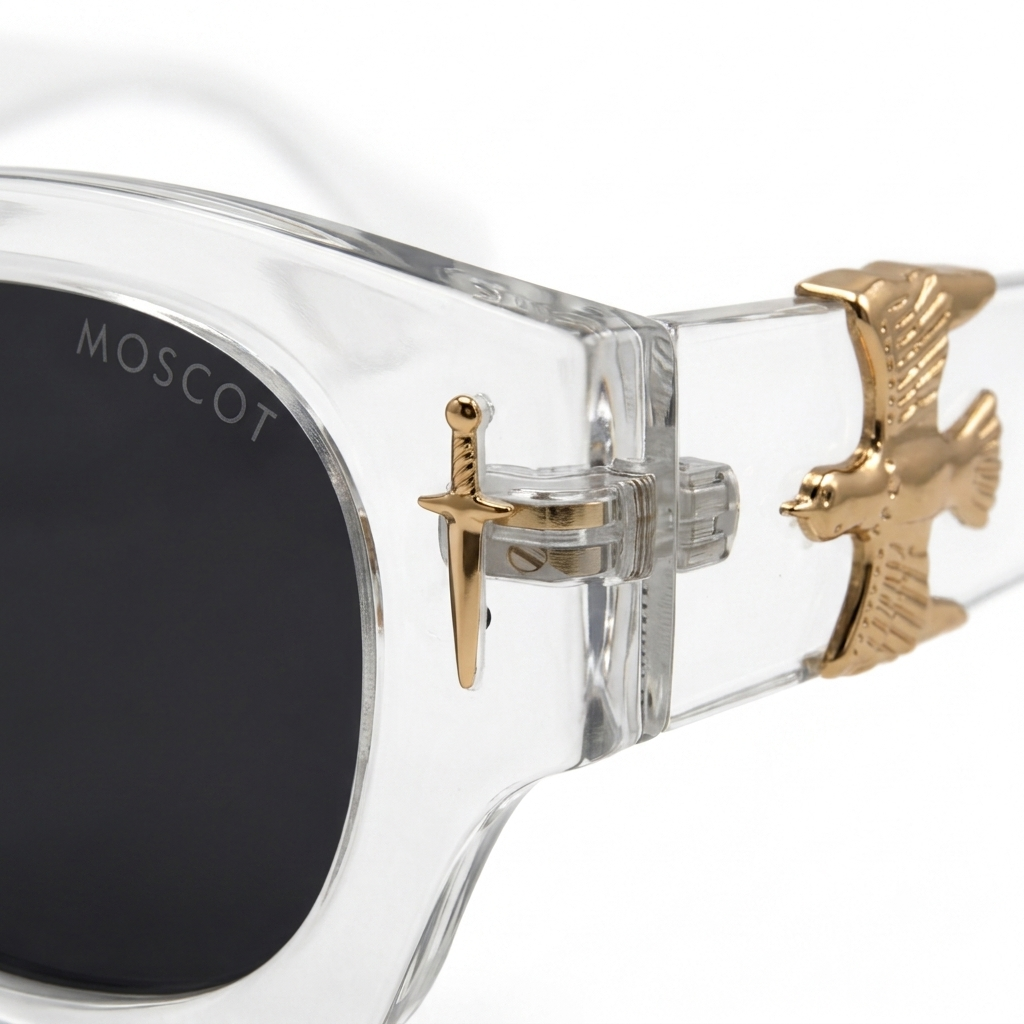 The Vanguard Dagger & Sovereign Bird Crystal Acetate Square Sunglasses – Premium Clear Frame Eyewear with Gold Ornaments and Dark Tinted Lenses