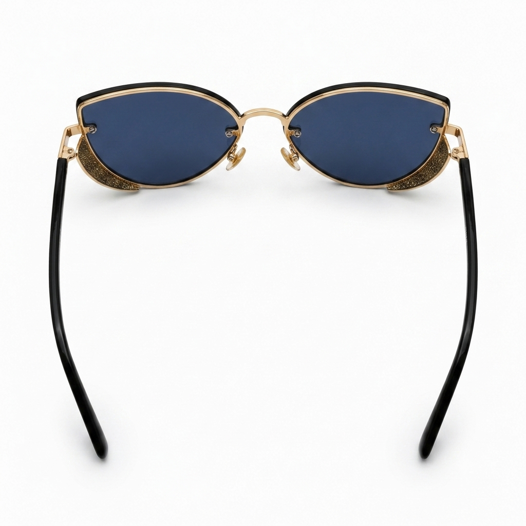 Shadow-Cut Cat-Eye Sunglasses – Oversized Blue Tinted Eyewear with Gold & Glitter Accents