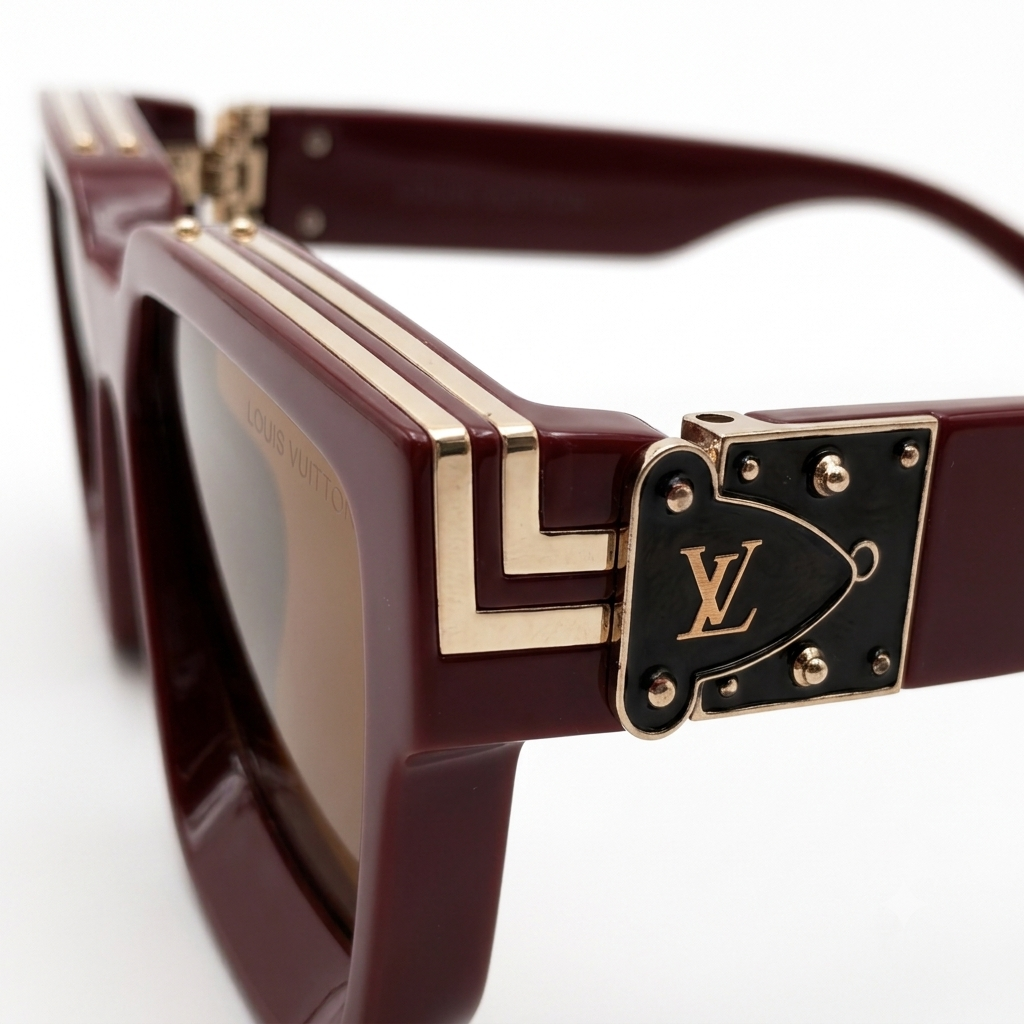96006 Imperial Burgundy Square Luxury Sunglasses – Bold Acetate Frame with Ornate Gold Steampunk Accents and Tinted UV Lenses
