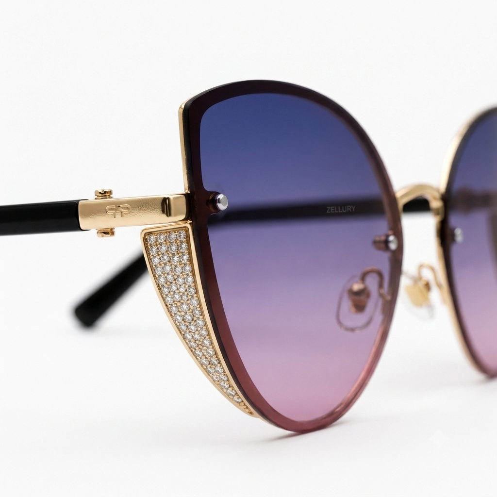 Velvet Sky Diamond-Accented Cat-Eye Sunglasses – Gradient Purple to Pink Rimless Eyewear with Gold-Tone Hinges
