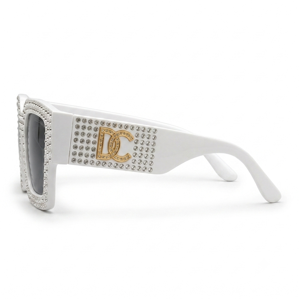 98014 Glitz & Glam Oversized Square Sunglasses – Luxury Crystal-Studded White Frame Eyewear for Women