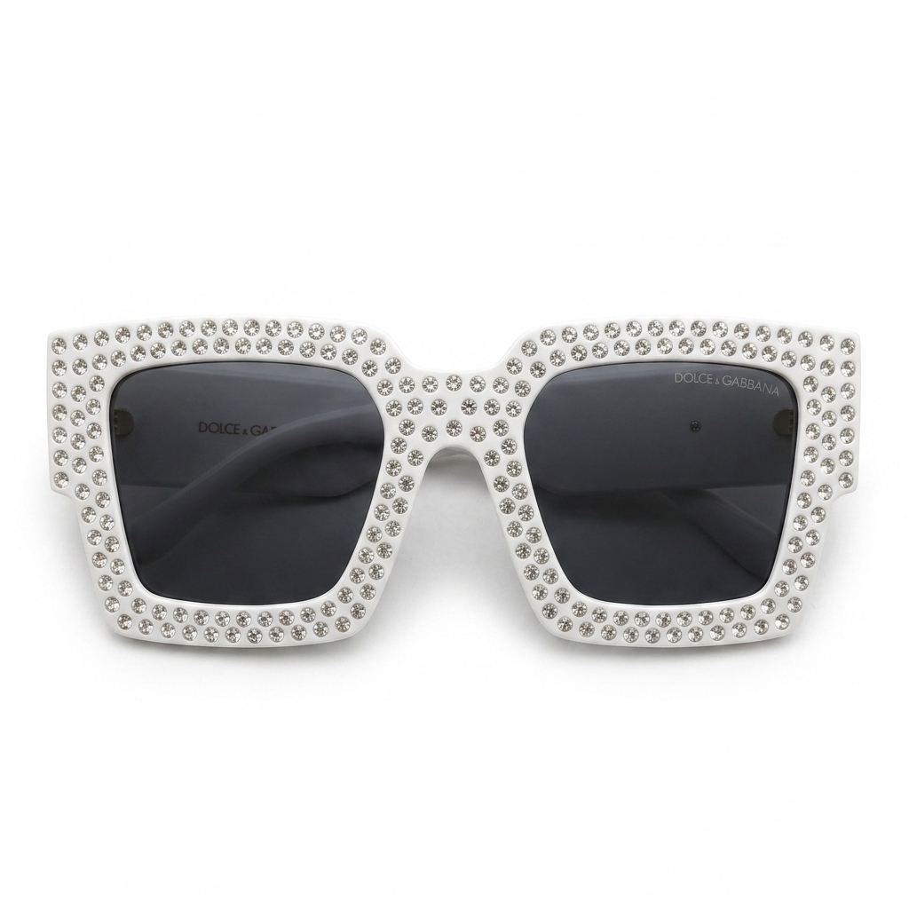 98014 Glitz & Glam Oversized Square Sunglasses – Luxury Crystal-Studded White Frame Eyewear for Women