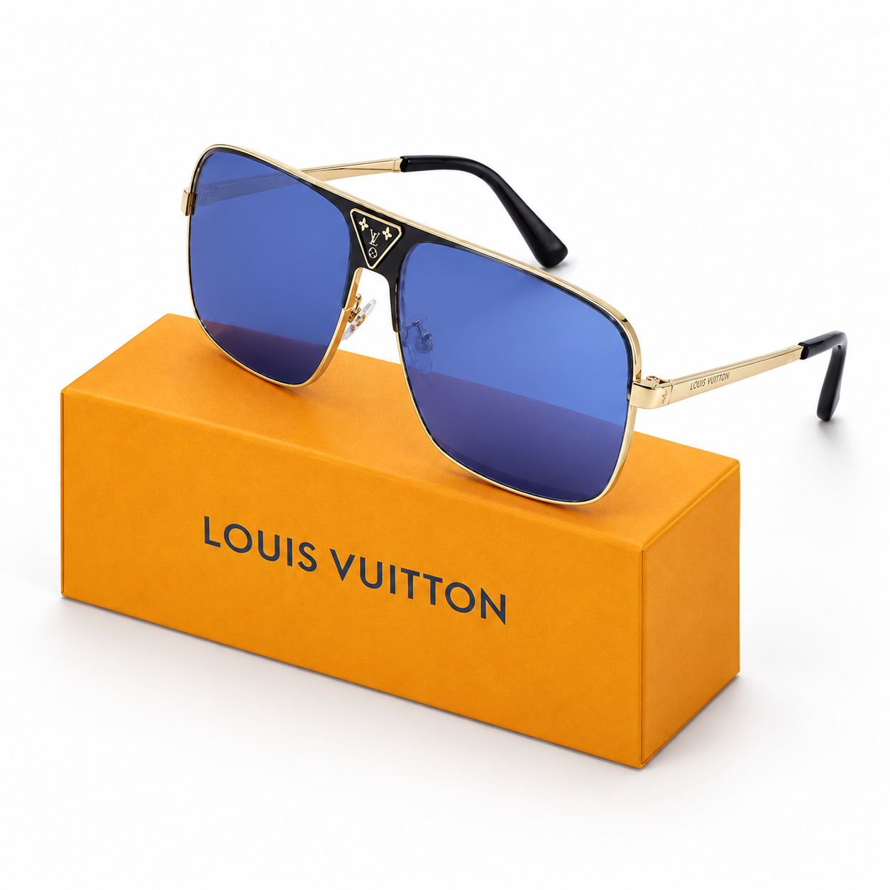 2076 Monogram Blue Lens Gold Aviator Sunglasses