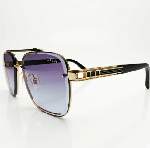 Luxury Square Aviator Sunglasses – Gold & Black Metal Frame with Double Bridge & Gradient Purple Lenses